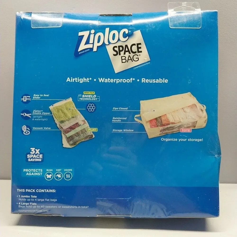 Ziploc Space Bag Clothing Storage Tote Jumbo Vacuum Compression Bags 5 Pc Sealed